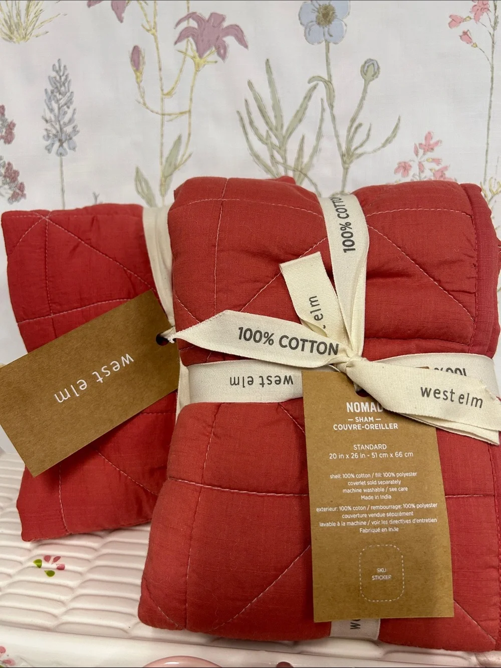 West Elm Warm Red Quilted Cotton Pillow Shams - Pair 20x26